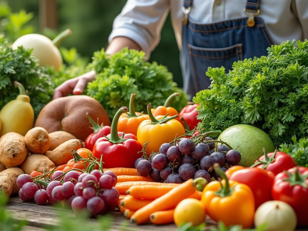 Fresh vegetables and fruits on a wooden table including carrots, peppers, grapes, and leafy greens showcased by a person in denim overalls.