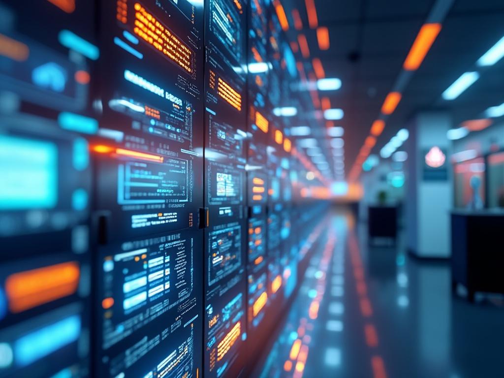 Futuristic data center with glowing digital displays and computer screens in a high-tech environment.