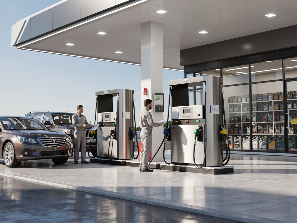 Estación de servicio moderna con surtidores de gasolina, empleados atendiendo y tienda de lubricantes para autos
