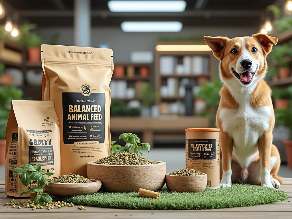 Perro feliz junto a productos de alimento balanceado para mascotas sobre césped artificial en una tienda.