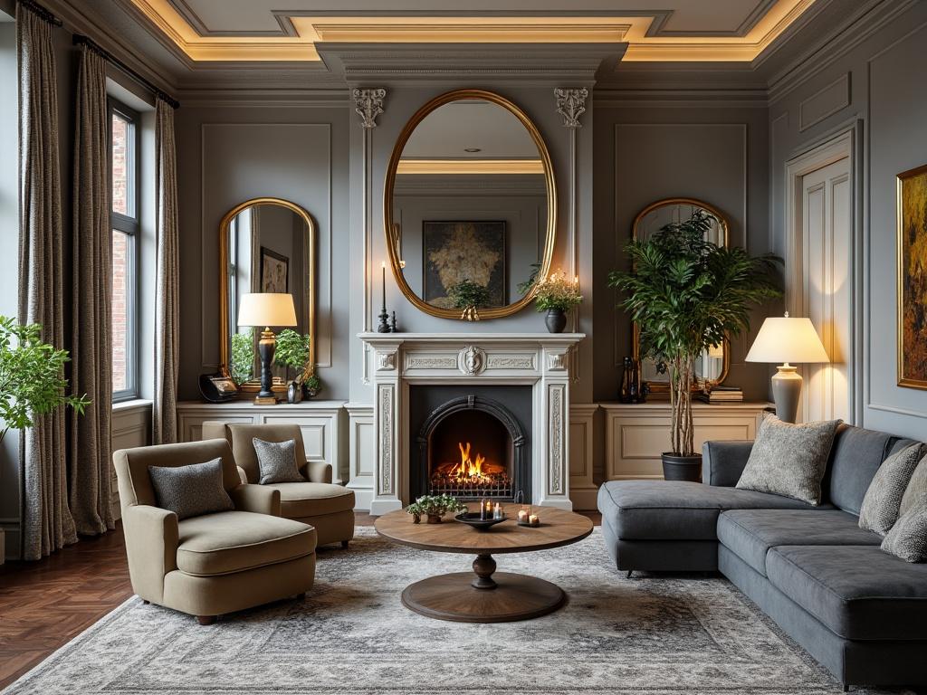 Sala de estar elegante con chimenea encendida, sofás modernos, espejos grandes y plantas decorativas. Sala de estar elegante con chimenea encendida, sofás modernos, espejos grandes y plantas decorativas.