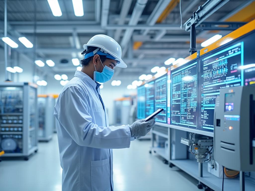 Ingeniero con casco y mascarilla revisando datos en una pantalla en una planta de producción.