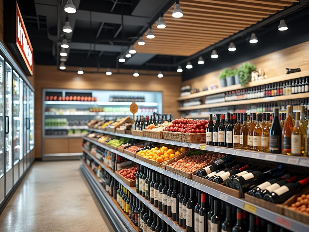 Interior de supermercado moderno con estanterías llenas de botellas de vino, frutas frescas como manzanas y naranjas, y productos variados bajo una iluminación cálida.