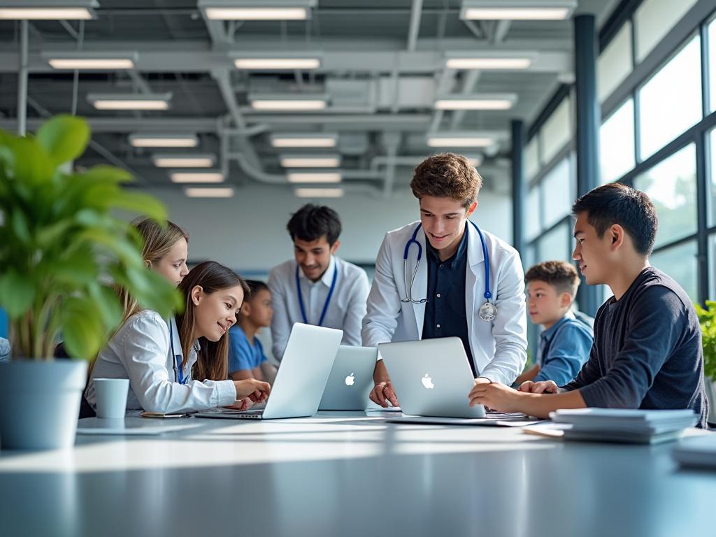 Grupo de médicos jóvenes colaborando en un espacio de oficina moderno con portátiles.
