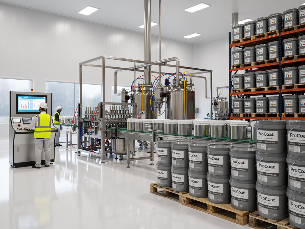 Línea automatizada de producción y envasado de pinturas ProCoat en fábrica moderna con técnicos y bidones industriales