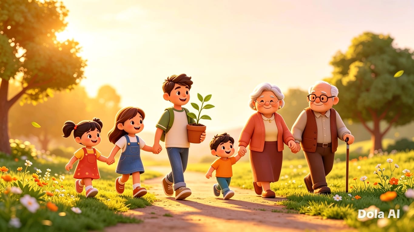 Familia multigeneracional feliz caminando por un parque al atardecer, niños y abuelos tomados de la mano con una planta