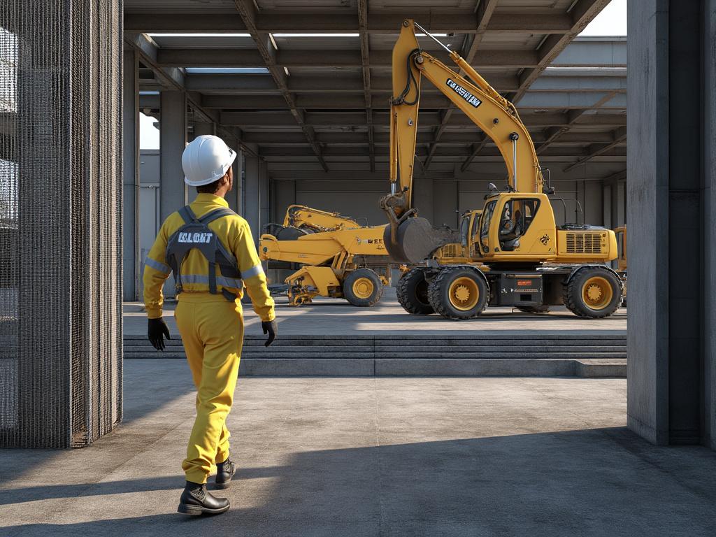 Trabajador con casco y uniforme amarillo caminando hacia maquinaria de construcción amarilla en un sitio industrial.