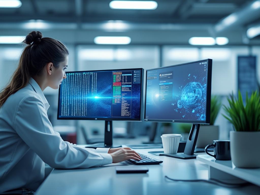 Mujer programadora trabajando en una oficina moderna con dos monitores mostrando código y gráficos tecnológicos.