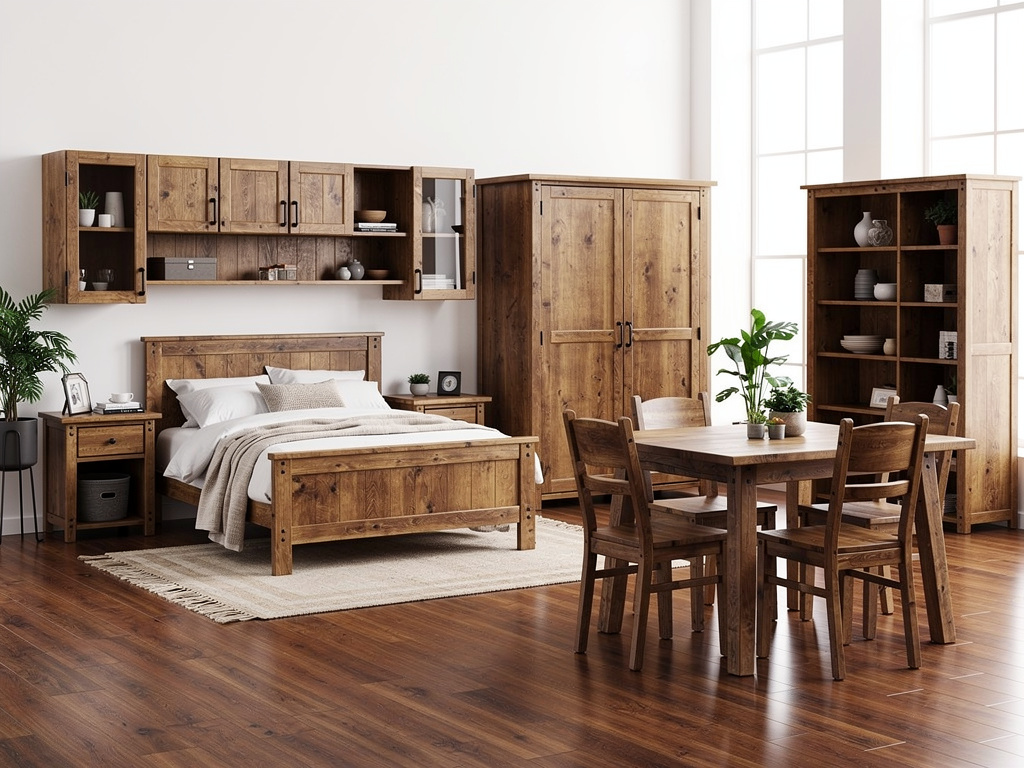 Dormitorio y comedor rústico con muebles de madera maciza, cama, armario, estanterías y mesa con sillas en interior luminoso
