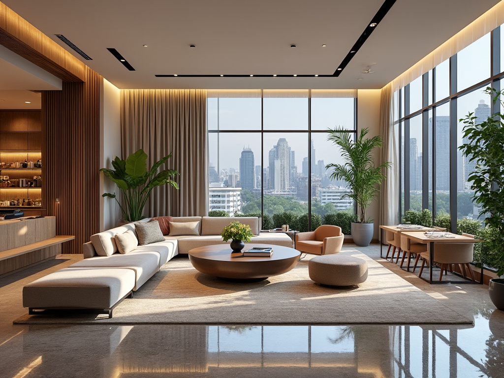 Sala de estar moderna con muebles elegantes, plantas de interior y grandes ventanales con vista a la ciudad.
