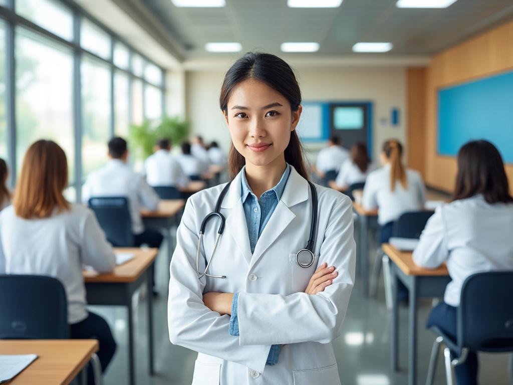 Joven médica asiática de pie con estetoscopio, aula y estudiantes al fondo.