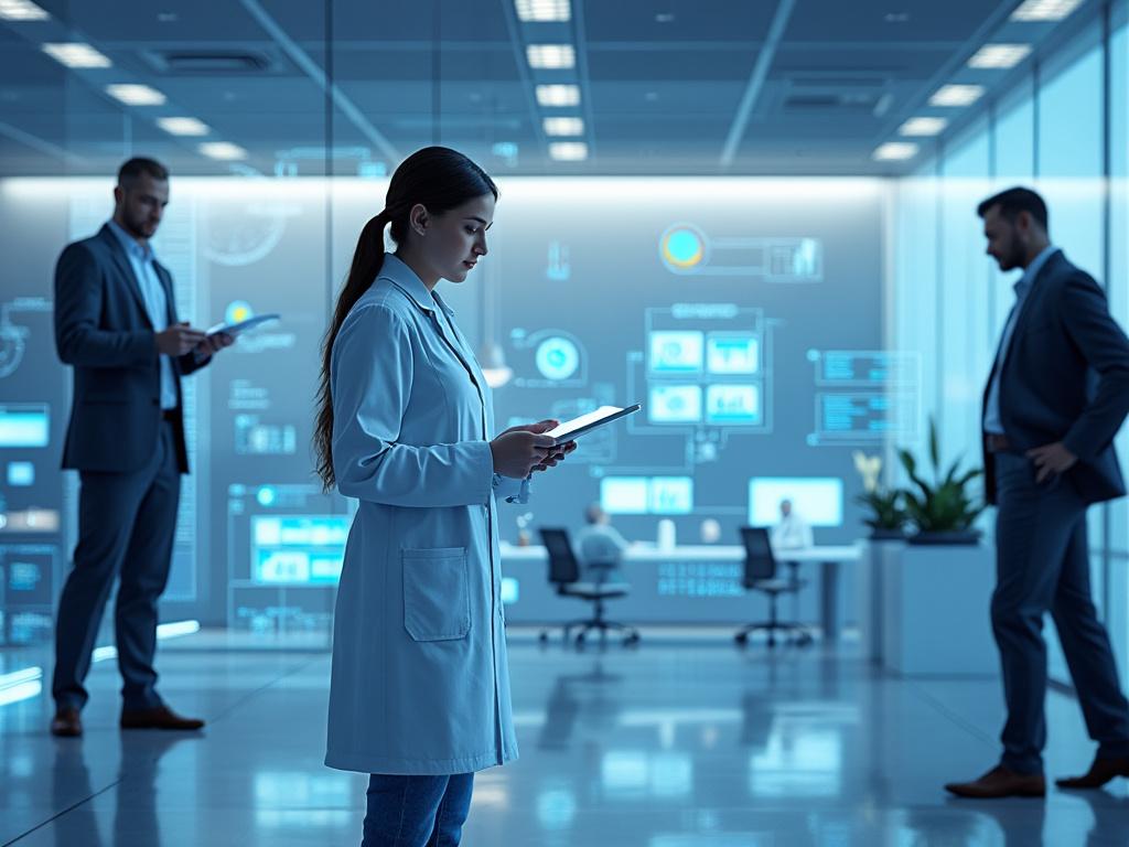 Científica con bata blanca usando una tableta en laboratorio moderno con pantalla digital al fondo, rodeada de colegas en traje. Científica con bata blanca usando una tableta en laboratorio moderno con pantalla digital al fondo, rodeada de colegas en traje.