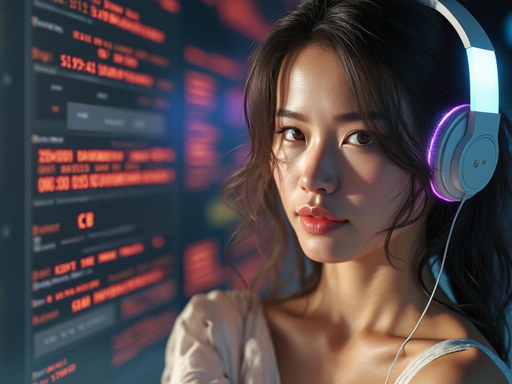 Woman wearing illuminated headphones in front of a code-filled digital screen.