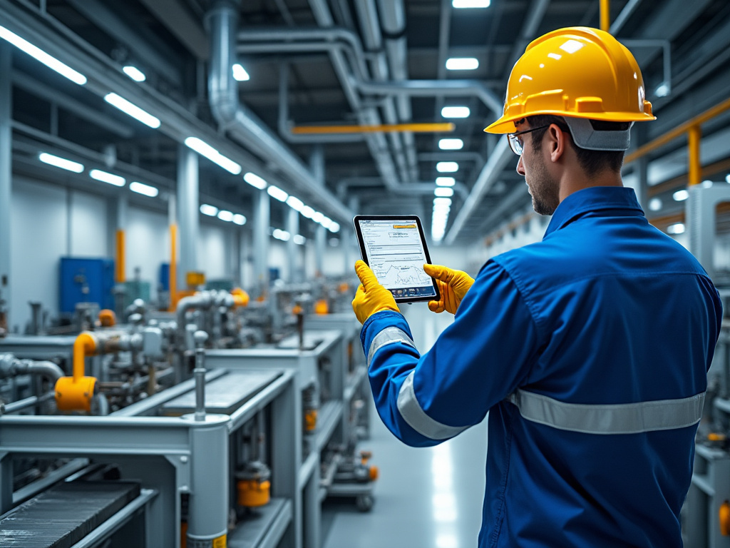 Ingeniero industrial con casco amarillo revisa datos en una tablet dentro de una planta de producción automatizada
