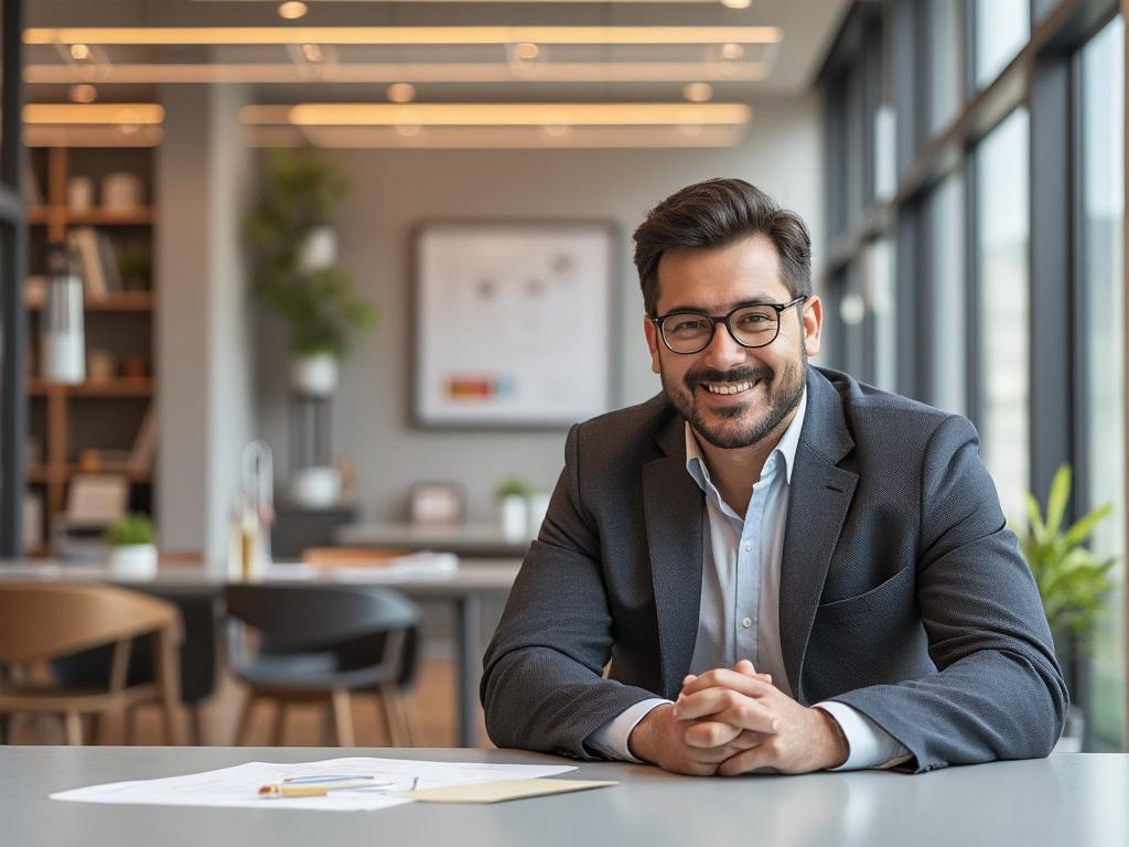 Hombre sonriente con gafas y traje en oficina moderna con mesa y ventana grande. Hombre sonriente con gafas y traje en oficina moderna con mesa y ventana grande.