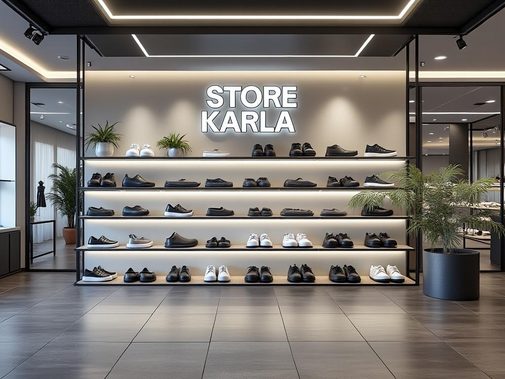 Interior de tienda de zapatos con estanterías iluminadas llenas de calzado negro y blanco, plantas decorativas y un cartel que dice 'Store Karla'.