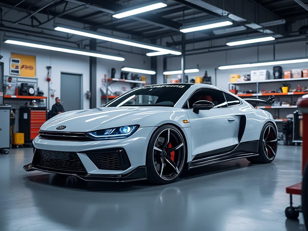 Coche deportivo blanco modificado en taller mecánico con luces LED, llantas negras y kit aerodinámico