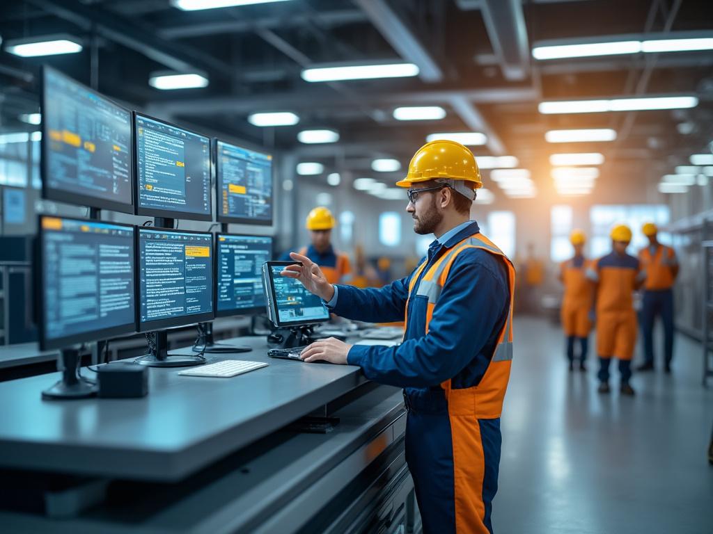 Ingeniero en fábrica utilizando múltiples pantallas de computadora con compañeros al fondo, todos con cascos y uniformes de seguridad. Ingeniero en fábrica utilizando múltiples pantallas de computadora con compañeros al fondo, todos con cascos y uniformes de seguridad.