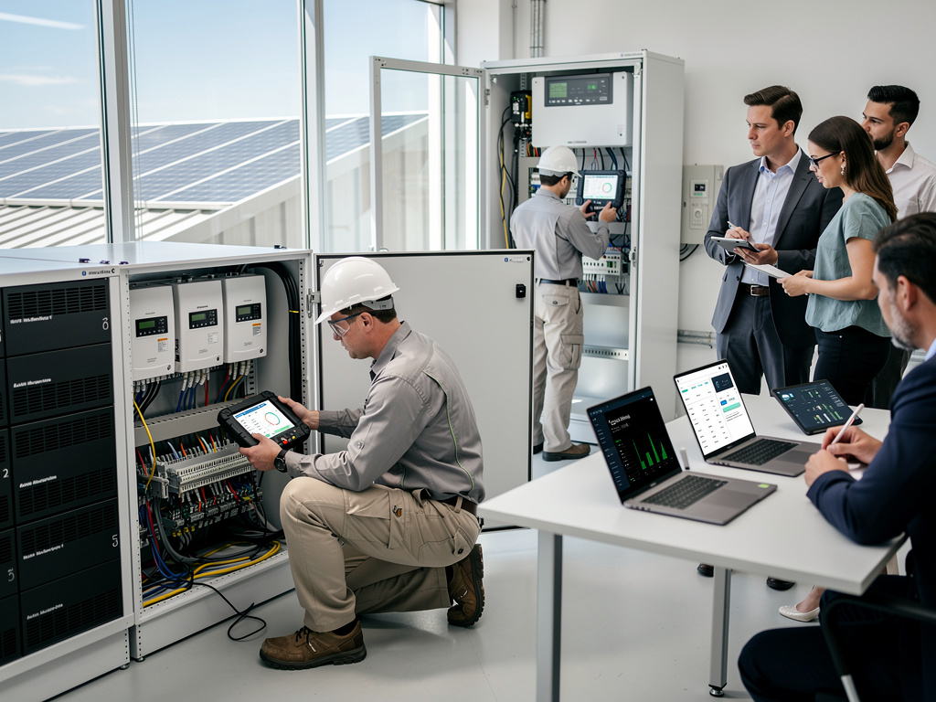 Engineers and business team monitoring solar energy system control panels with rooftop solar panels visible Engineers and business team monitoring solar energy system control panels with rooftop solar panels visible