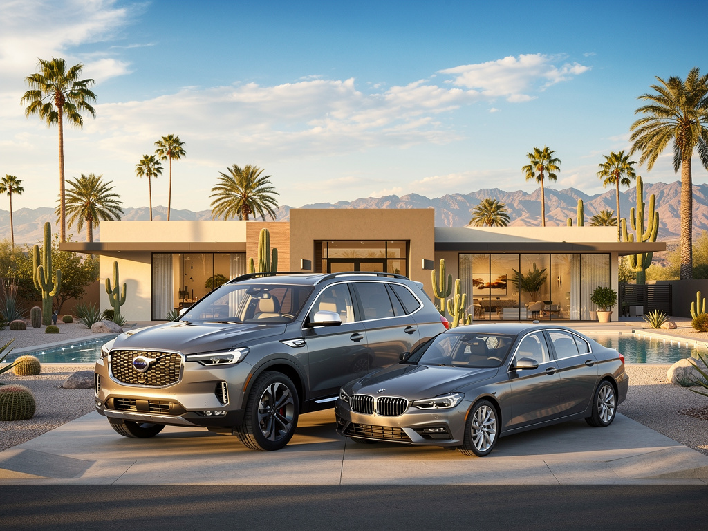 Luxury SUV and sedan parked in front of a modern desert home with pool, palm trees, cacti, and mountain backdrop