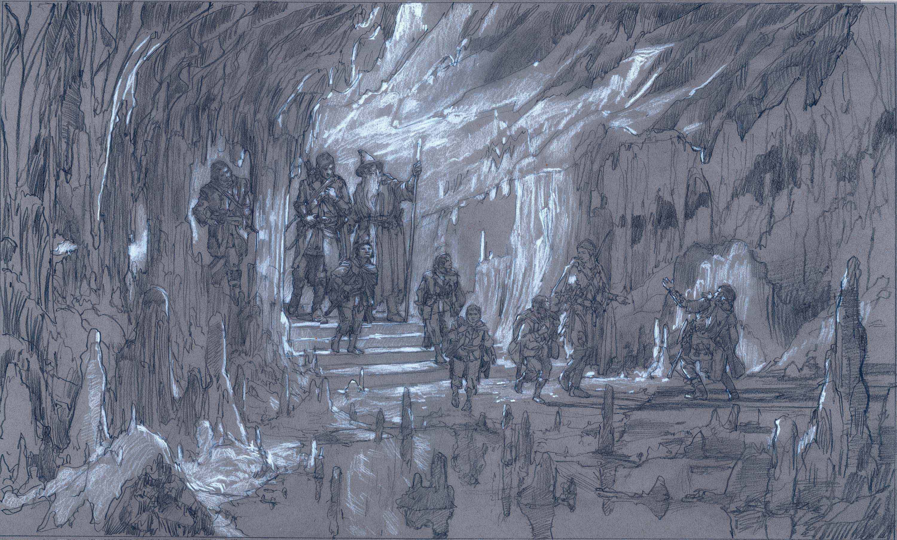 The Fellowship of the Ring in Moria
Preliminary Drawing 
18" x 24"  Graphite and Chalk on Toned Paper
private collection
