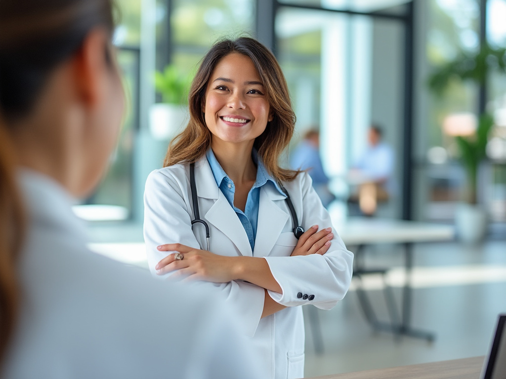 Smiling female doctor in white coat with stethoscope consulting a patient in a modern clinic