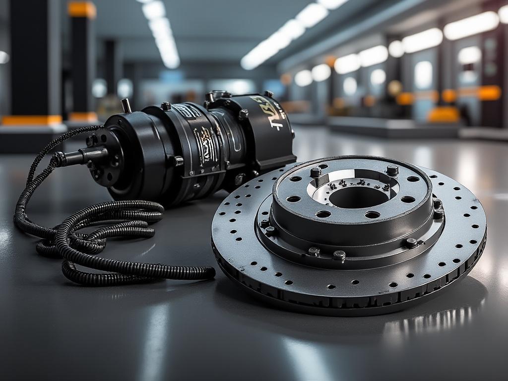 Imagen de un motor eléctrico y un disco de freno perforado en un taller moderno.