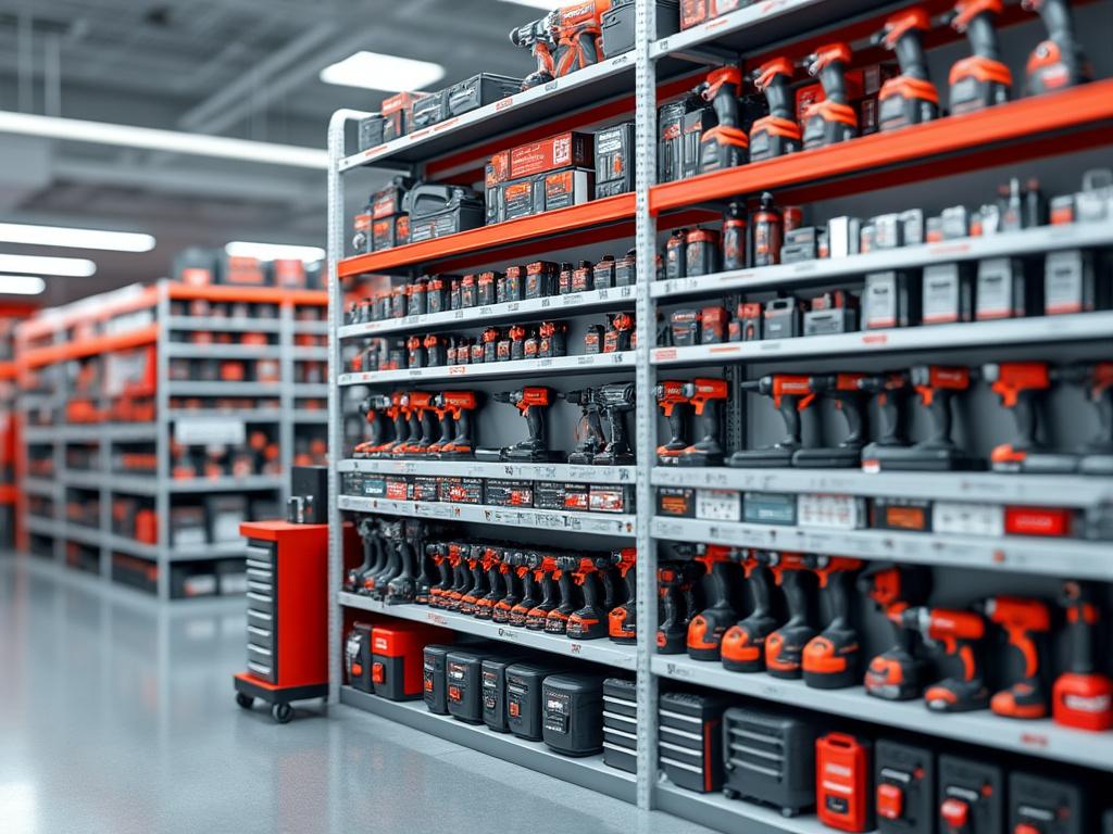 Estanterías llenas de herramientas eléctricas en un almacén, predominan los colores naranja y negro.