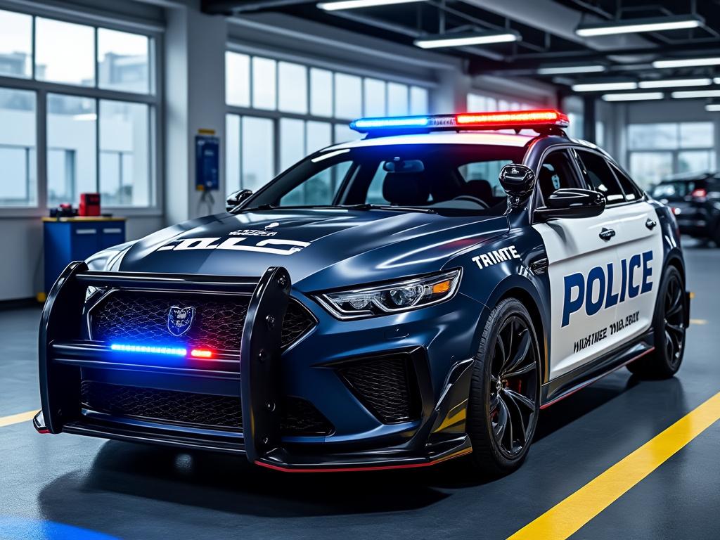 Modern police car in a garage with red and blue emergency lights.