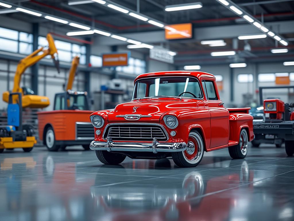 Camioneta clásica roja brillando en un taller mecánico iluminado, rodeada de herramientas y vehículos en segundo plano.