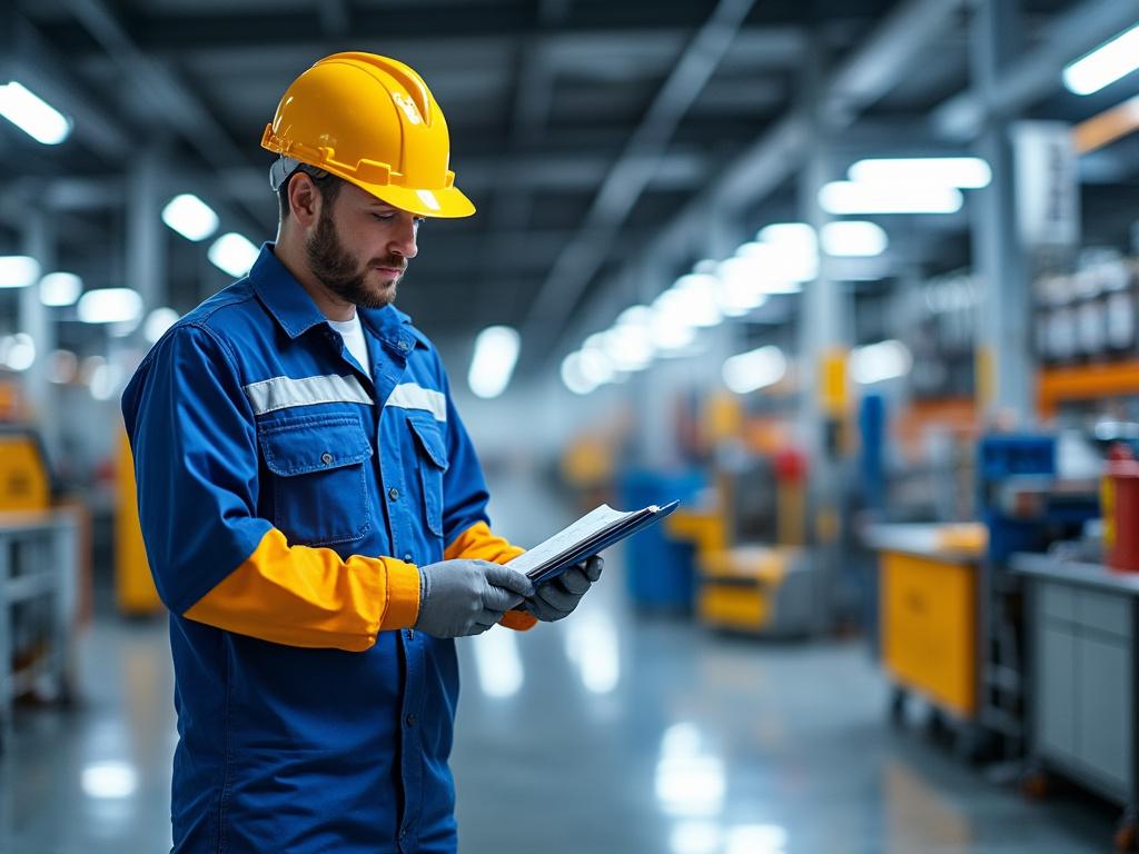 Trabajador industrial con casco y uniforme azul revisando documentos en una fábrica moderna bien iluminada.