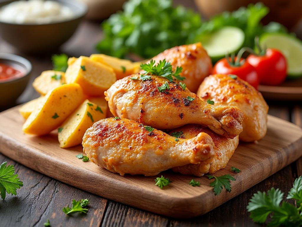 Muslos de pollo asados con hierbas y papas al horno, acompañados de tomates cherry y cilantro fresco sobre una tabla de madera.