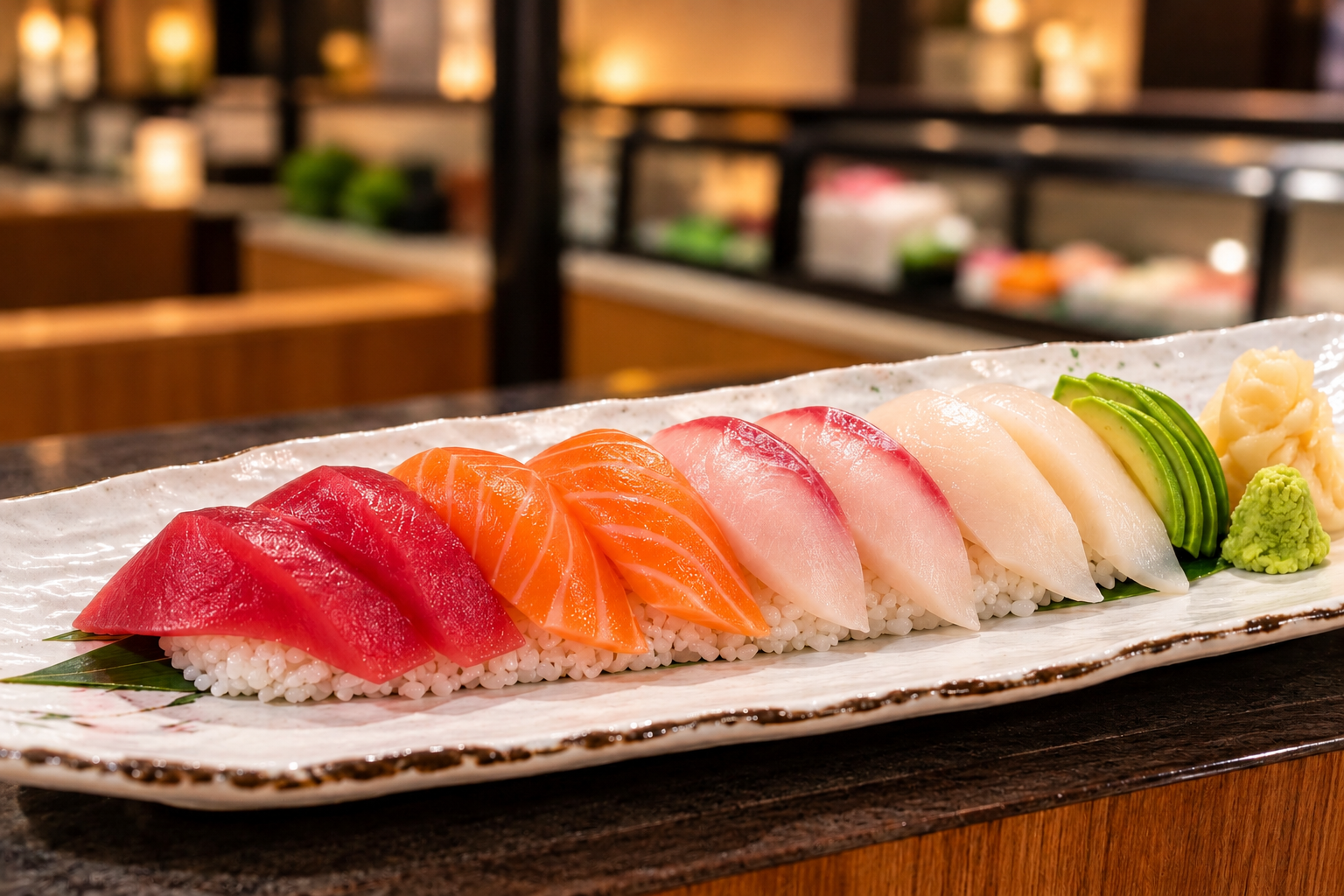 Assorted sushi and Asian dishes on restaurant table with city skyline view