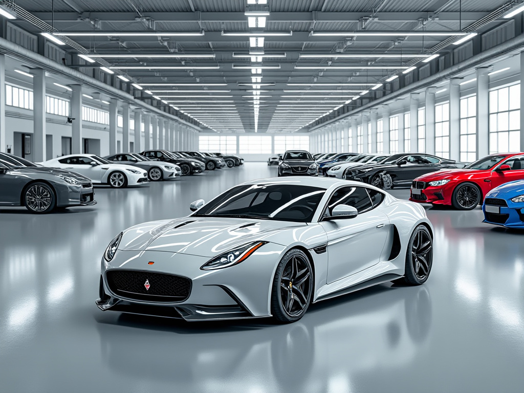 Coche deportivo blanco en un amplio concesionario de automóviles con varios vehículos de lujo en exhibición.