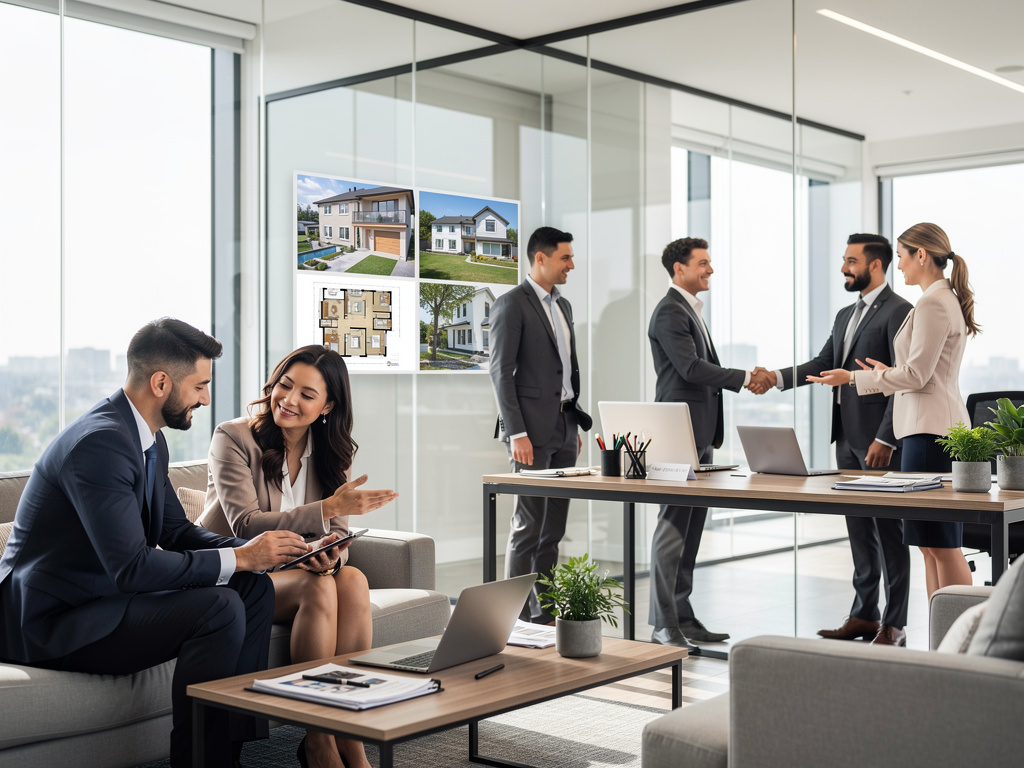 Agentes inmobiliarios en oficina moderna negociando venta de propiedades con clientes y planos de casas