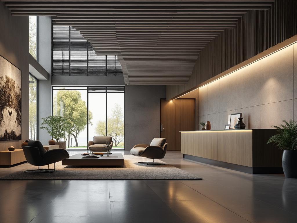 Modern lobby interior with sleek furniture, large windows, and minimalist decor.