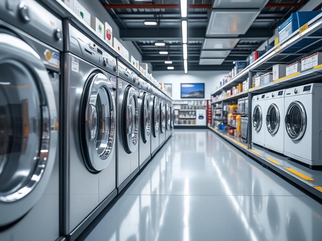 Pasillo de tienda de electrodomésticos con lavadoras y secadoras modernas en exhibición.
