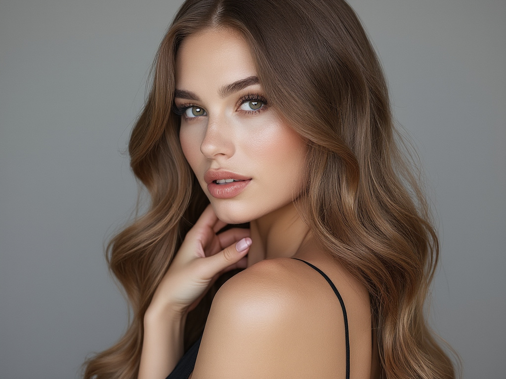 Beauty portrait of a woman with long wavy brown hair, glowing makeup, and green eyes against a gray background