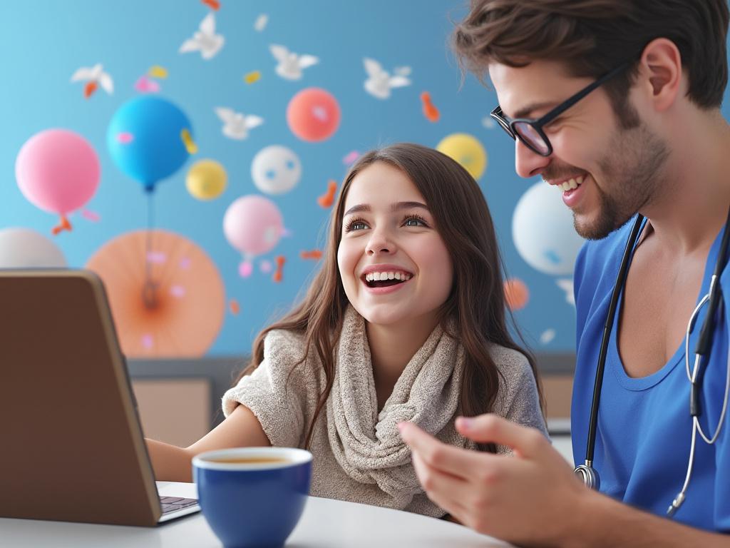 Smiling young woman and man with stethoscope enjoying a conversation in a colorful, balloon-decorated room.
