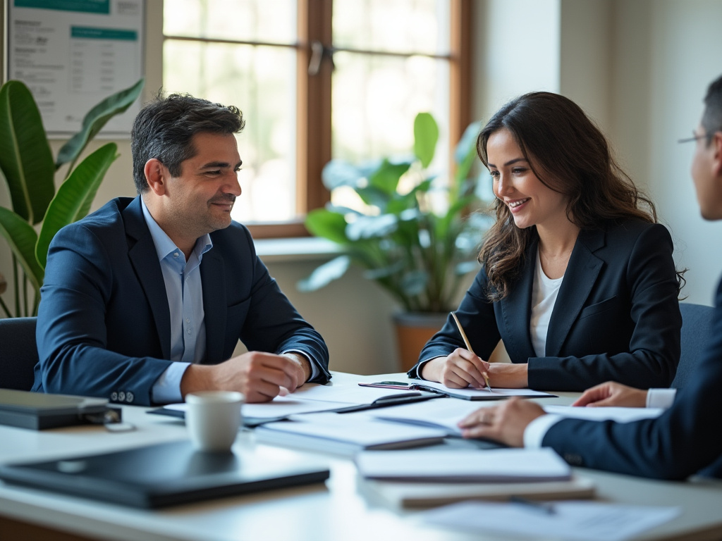 Personas en reunión de negocios en oficina moderna, con plantas decorativas y documentos sobre la mesa. Personas en reunión de negocios en oficina moderna, con plantas decorativas y documentos sobre la mesa.