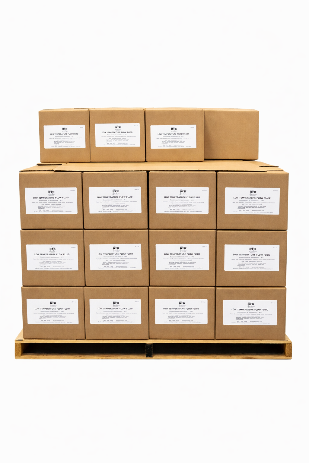 Stack of cardboard boxes labeled 'Low Temperature Flow Fluid' on a pallet in a warehouse.