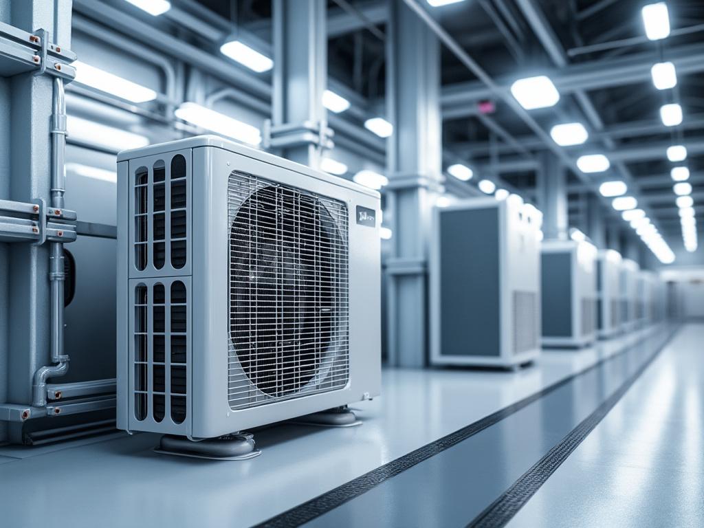 Unidad de climatización en fila en un entorno industrial moderno con iluminación brillante y estructura metálica.
