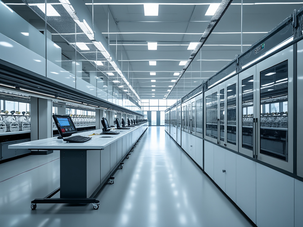 Laboratorio moderno con computadoras y equipos de investigación avanzados en un entorno limpio y brillante.