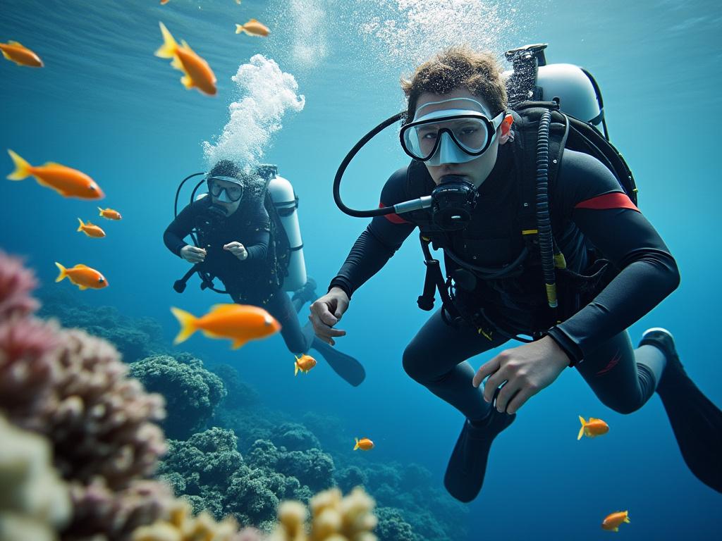 Buzos explorando un arrecife de coral bajo el agua rodeados de peces naranjas.