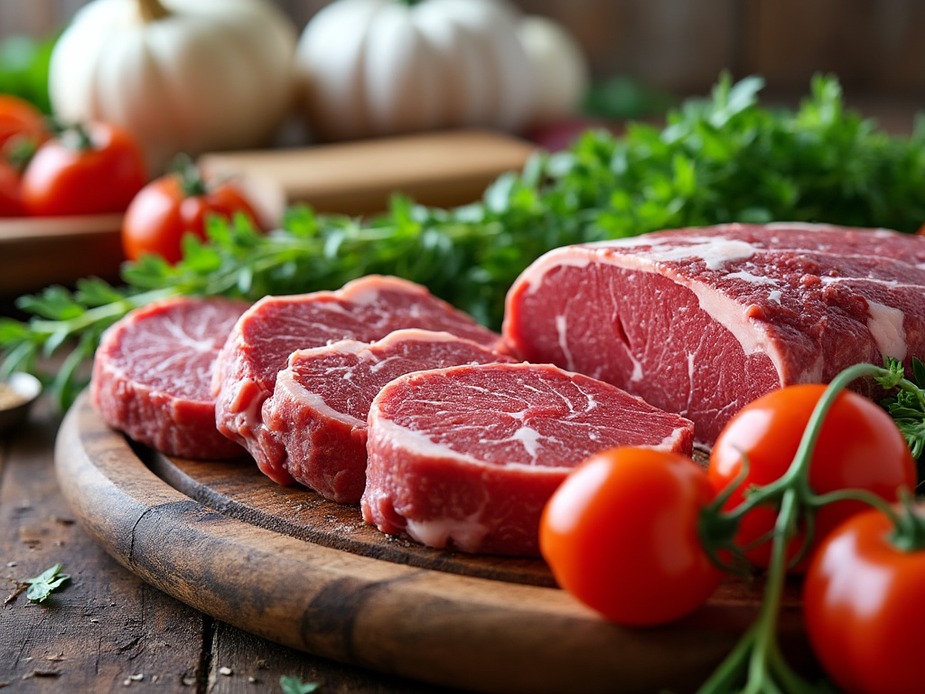 Rodajas de carne fresca sobre tabla de madera, decoradas con tomates y hierbas verdes.