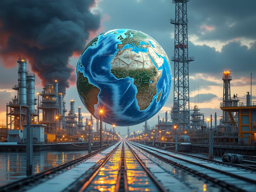 A globe suspended above railway tracks, flanked by numerous industrial smokestacks emitting dark smoke against a cloudy sky.