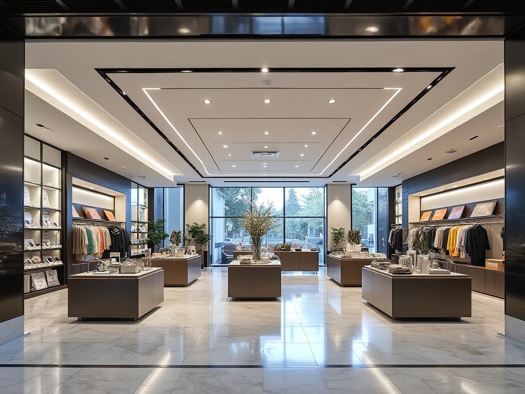 Interior de una tienda de moda moderna con iluminación elegante, estanterías y mesas exhibiendo ropa y accesorios.