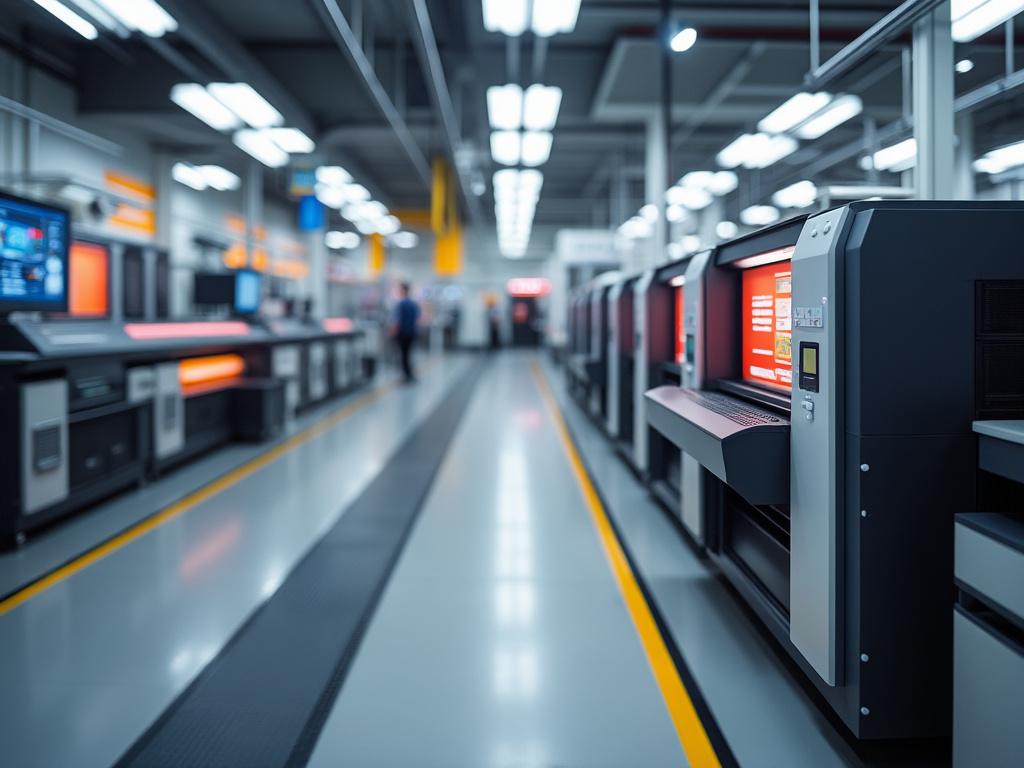 Máquinas de impresión modernas en fila en una fábrica iluminada.