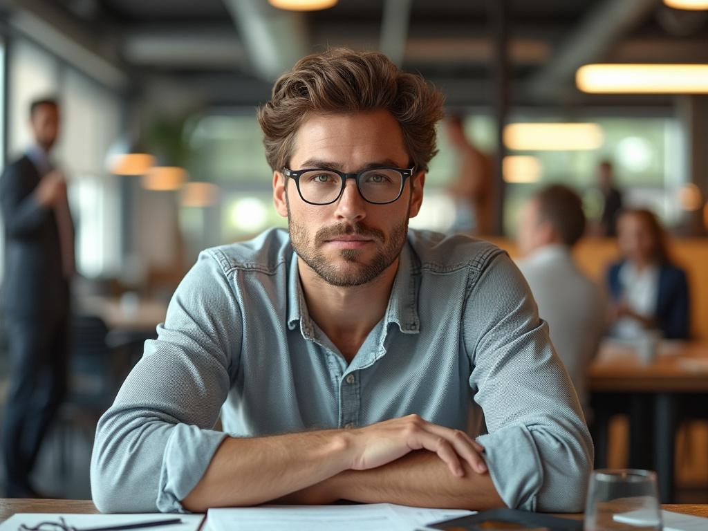 A man with glasses sitting at a table in a modern office, looking at the camera with blurred colleagues and ambient lighting in the background.