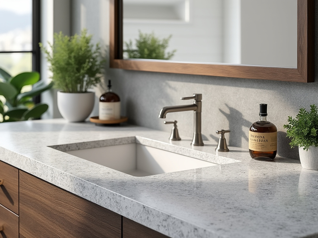 Modern bathroom vanity with white stone countertop, undermount sink, brushed metal faucet, wooden framed mirror, plants and soap bottles